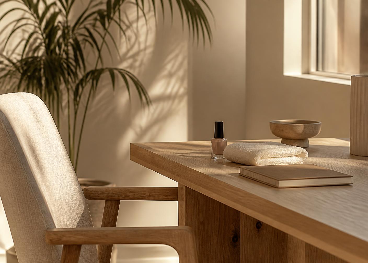 Corporate nails Sydney setup in a sunlit office with polish and towel ready